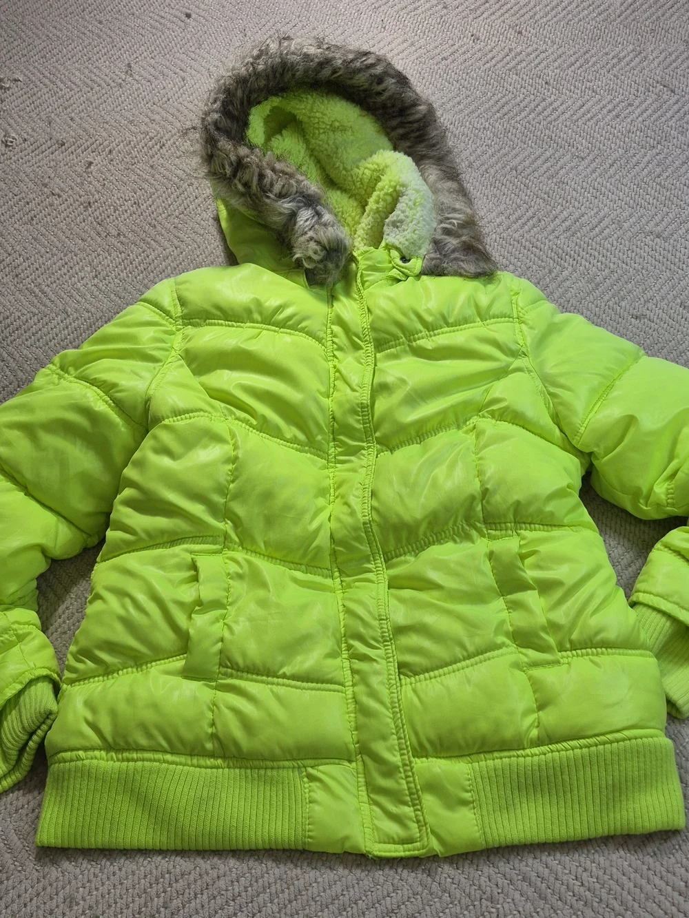 Justice Neon Green Size 16 Fur-Trim Puffer Jacket - Kids